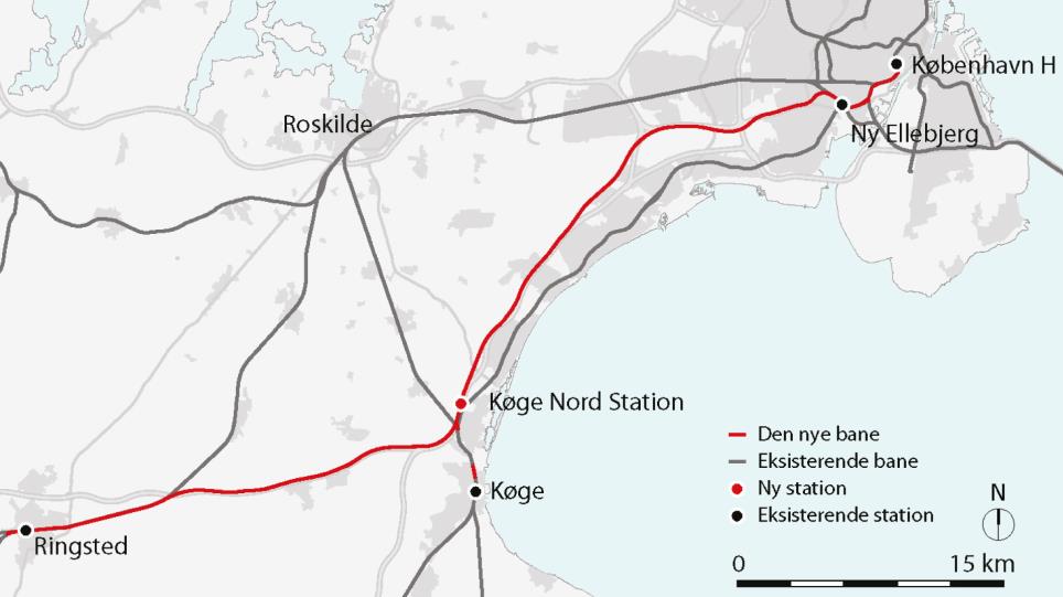 Kort over den nye strækning fra København til Ringsted over Køge