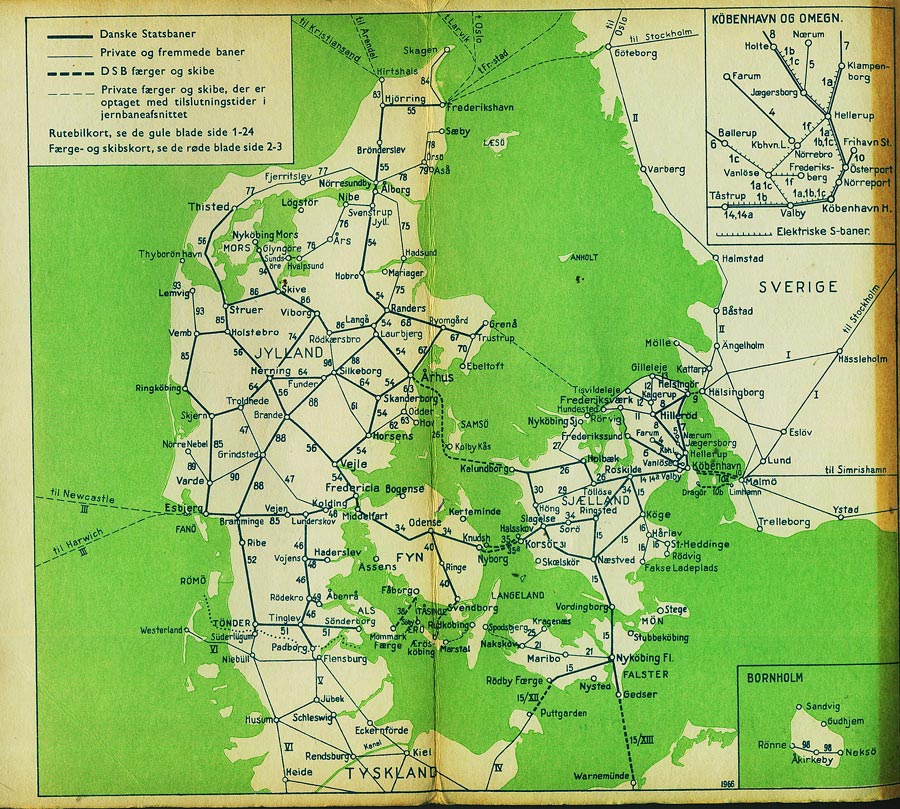 Danmarkskort med jernbanestrækninger 1966