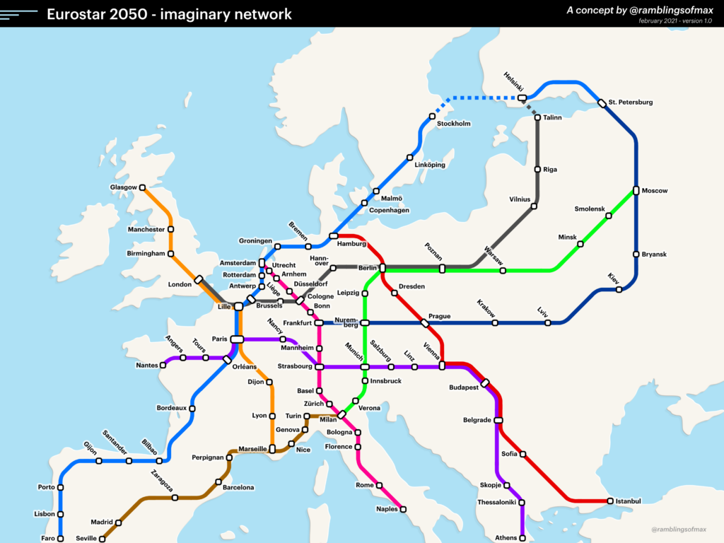 Kort over det eksisterende højgastighedsnet, der går udenom Danmark